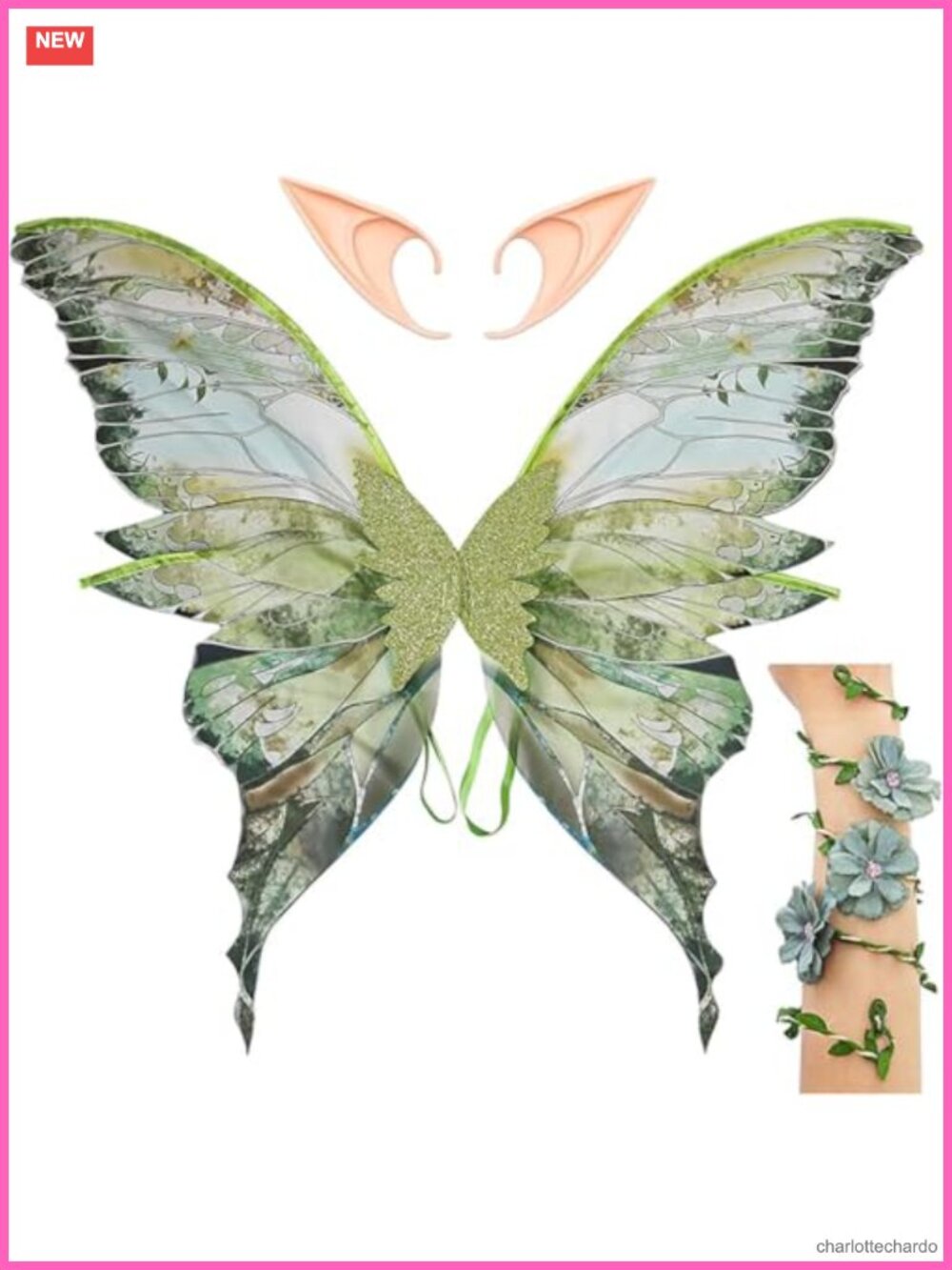 Adult Fairy Costume Set Butterfly Wings Elf Ears Floral Arm Wrap Cosplay